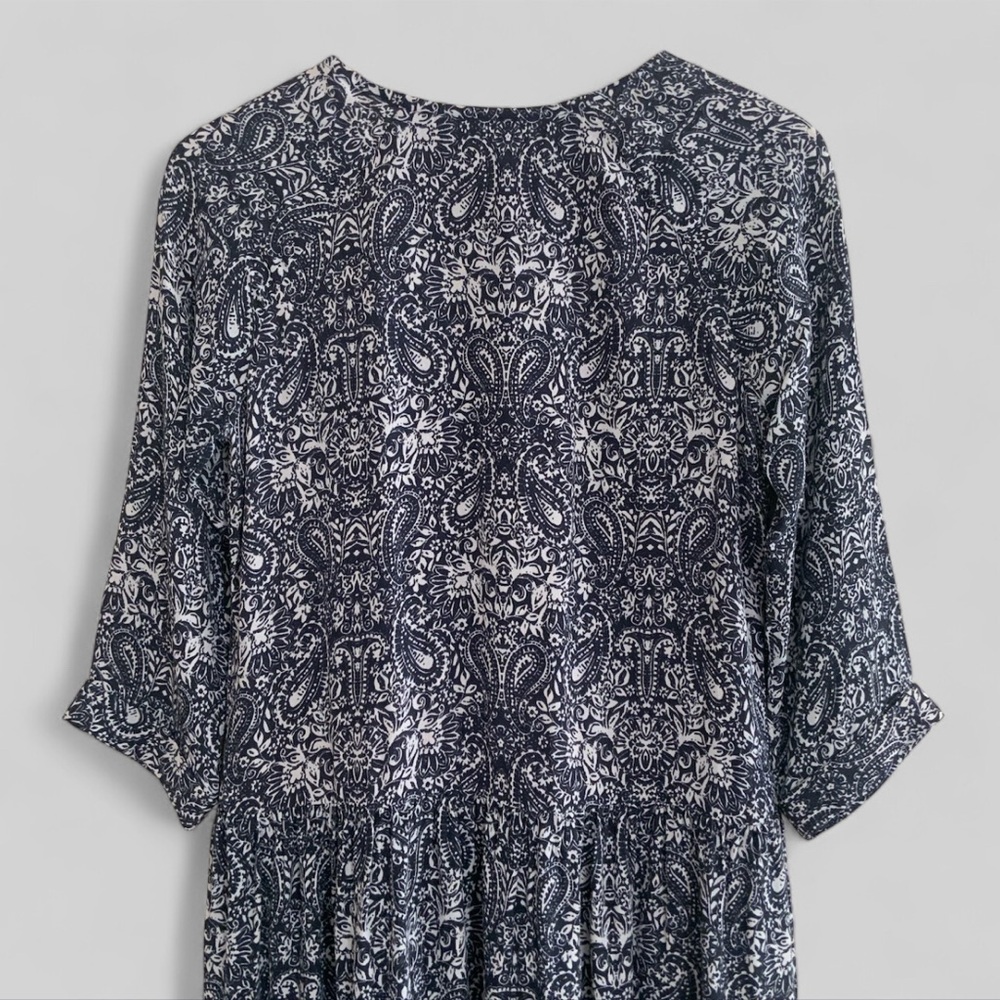 Garnet Hill Dress Gathered Drop Waist V-Neck Paisley Pockets Blue Women’s Size 2 - Picture 8 of 14
